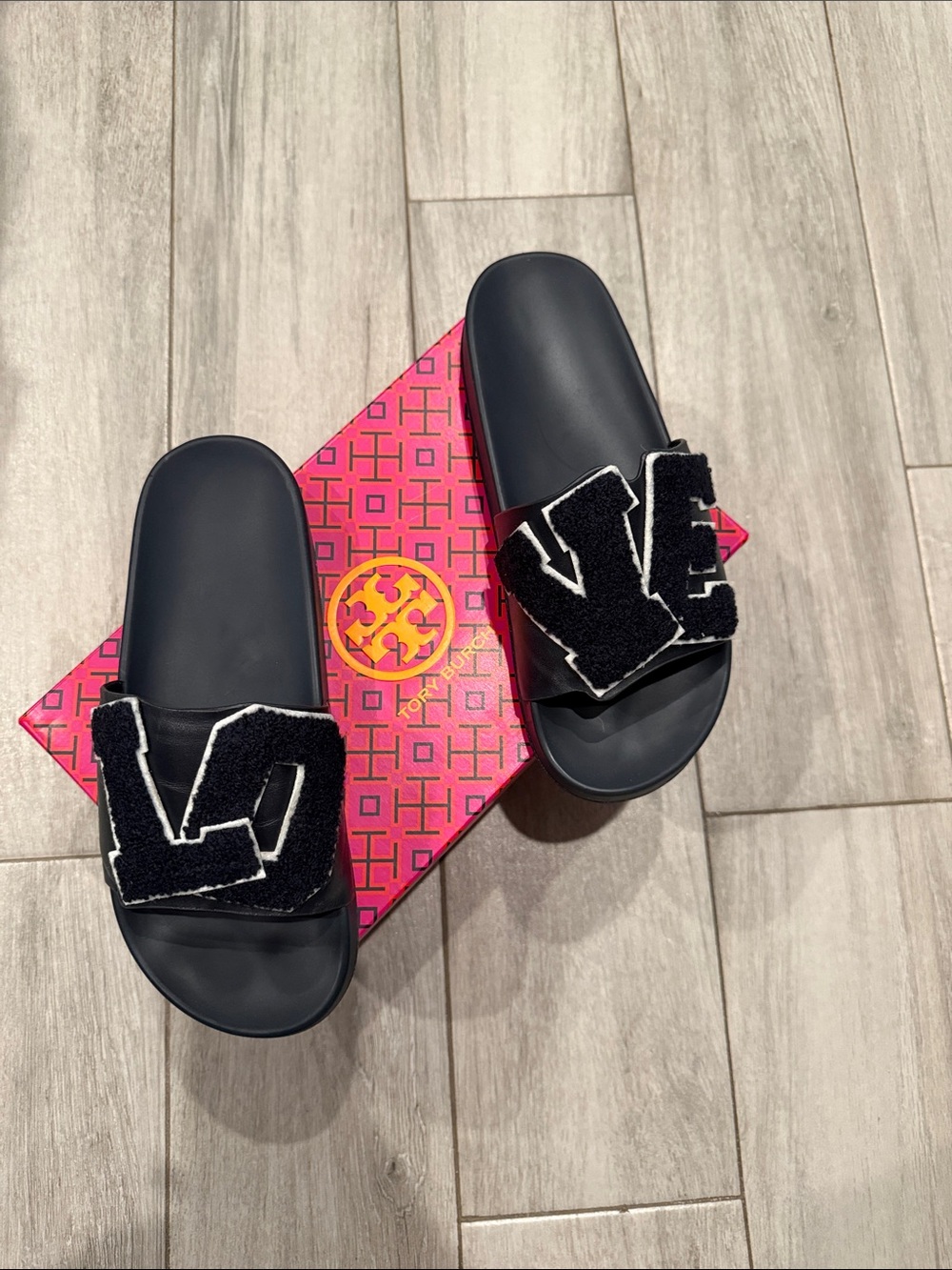 Tory Burch Navy Slide Sandals with White-Trim 'LOVE' Appliqué